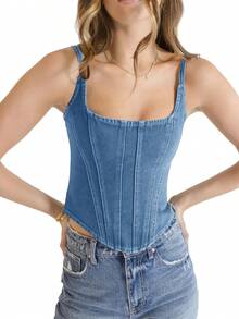 Womens Denim Corset Tank Tops Sleeveless Slim Fit Vest Spaghetti Strap Summer Crop Top - Light Blue - View 4