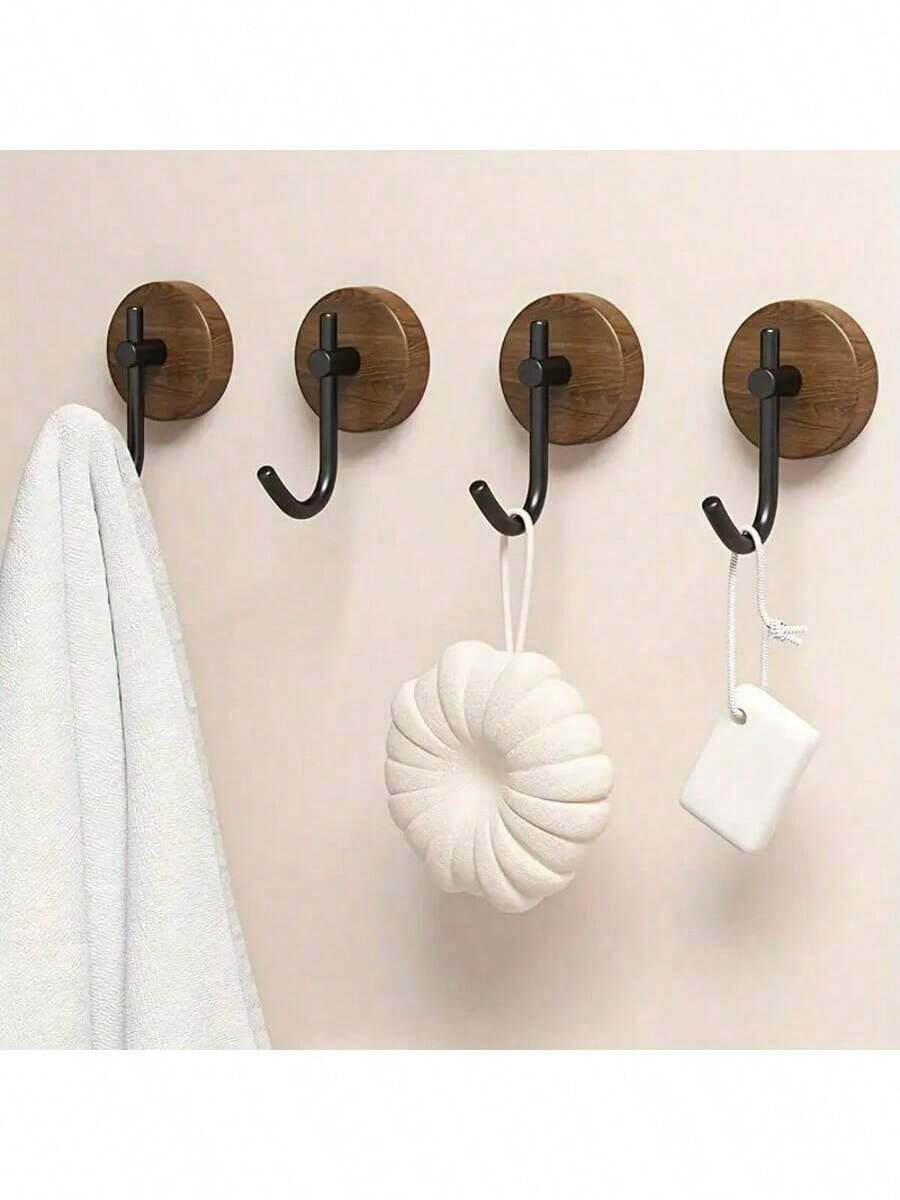 1/2/4 piezas Ganchos de pared de madera de nogal autoadhesivos sin taladro, adecuados para baño y cocina - Multicolor - Ver 1