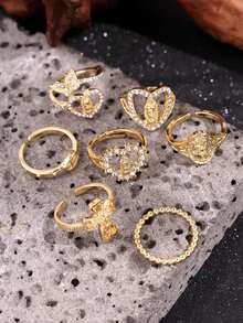 7pcs/Set Exquisite Vintage Elegant Versatile Unique Cross & Heart Design Rhinestone Gold Rings Set, Suitable For Women's Daily, Festival, Party Jewelry - Multicolor - View 6