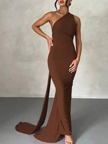Vestido de fiesta elegante de verano para mujer, de un solo hombro, ajustado y con espalda descubierta, de unicolor - Marrón - Ver 6