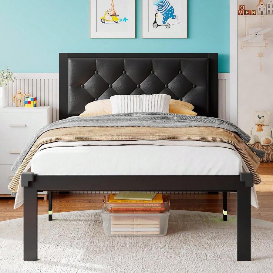 Twin Size Metal Bed Frame, Platform Bed Frame With Button Tufted Faux Leather Headboard, 12" Underbed Storage, Sturdy Steel Slats, Noise-Free, Easy Assembly, No Box Spring Needed, Black - Black - View 1