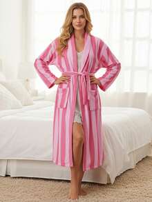 Womens Plush Soft Robe Long Sleeve Belted Striped Bathrobe With 2 Pockets For Spa, Pool - Coral Red - View 3