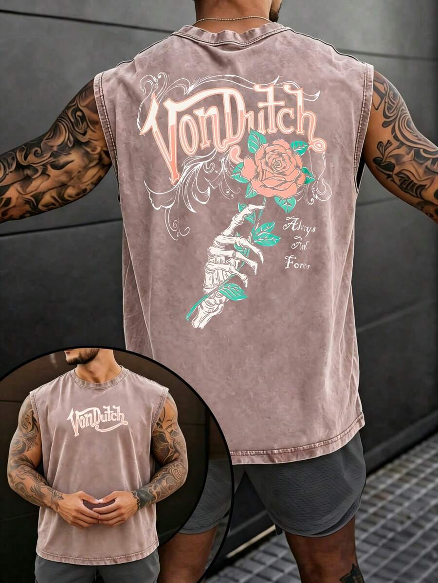 Men Coffee Brown Washed Streetwear Brand Street 100 Percent Cotton Sleeveless Tank Top Vons Dutchs Rose And Skeleton Hand Print Casual Outfit For Everyday Wear |Vintage Heavyweight| |Perfect Gift| |Loose Comfortable Breathable| |Machine Washable Fabric| |Drippy Clothes| |Y2K| - Cà phê nâu - Xem 1