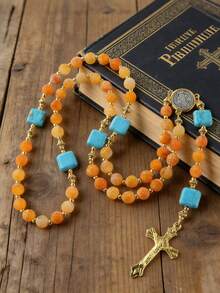 GO2CJBEADS 1pc Natural Cracked Stone Bead Necklace With Cross Pendant, Beaded Necklace Religious Prayer Accessory, Classic Vintage Religious Gift - Z0700P - View 9