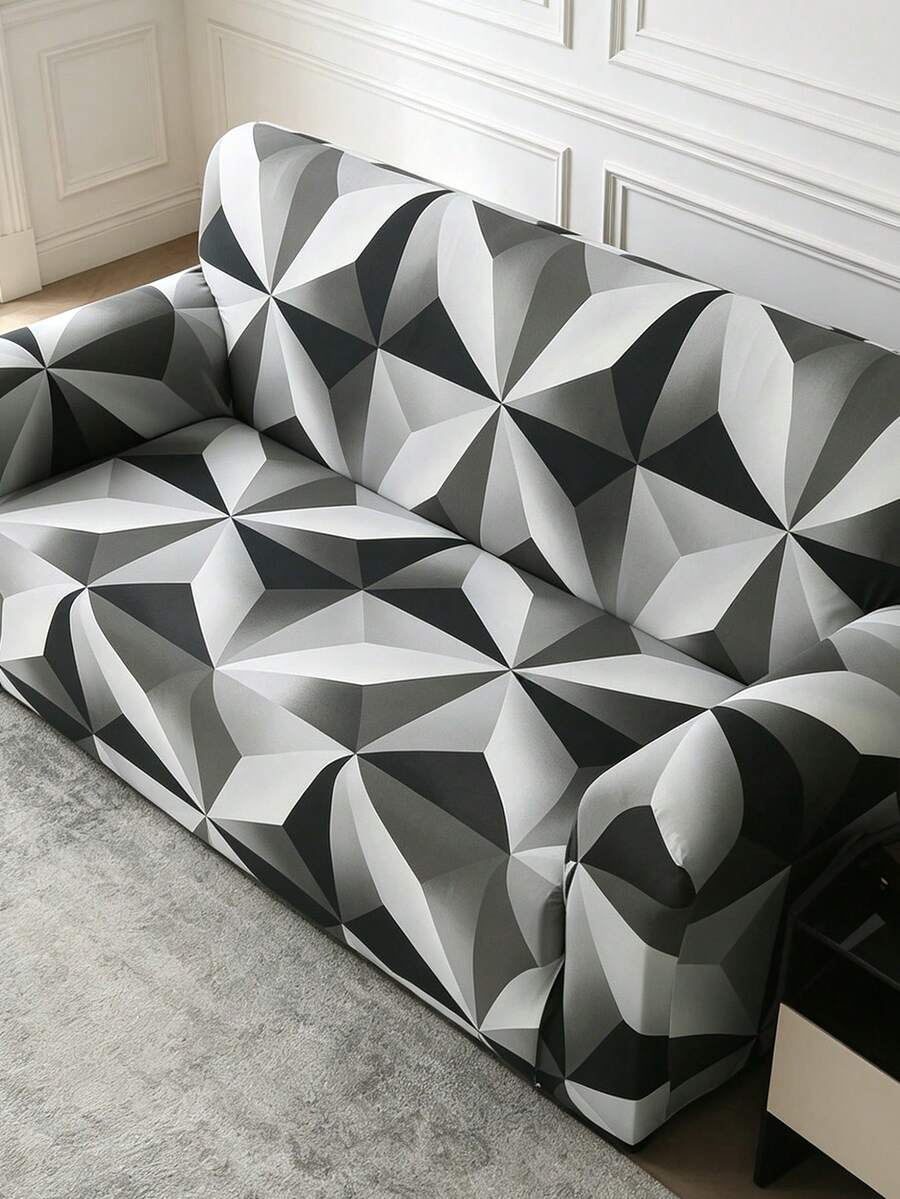 1pc Stretch Full Cover Sofa Slipcover, Geometric Pattern, Modern Style Polyester Fabric, Machine Washable, Protects Sofa, Dust & Dirt Resistant - Black and White - View 1
