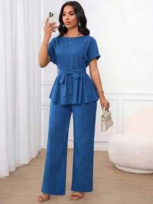 Lady Conjunto de dos piezas de mujer con top de manga corta y pantalones rectos sueltos, de unicolor, tela jacquard casual y elegante, cintura suelta y bajo en A. Apto para usar en primavera, verano y otoño. Atuendos de oficina, de vuelta al colegio, de iglesia, de salida y modestos para el aeropuerto. - azul real - Ver 7