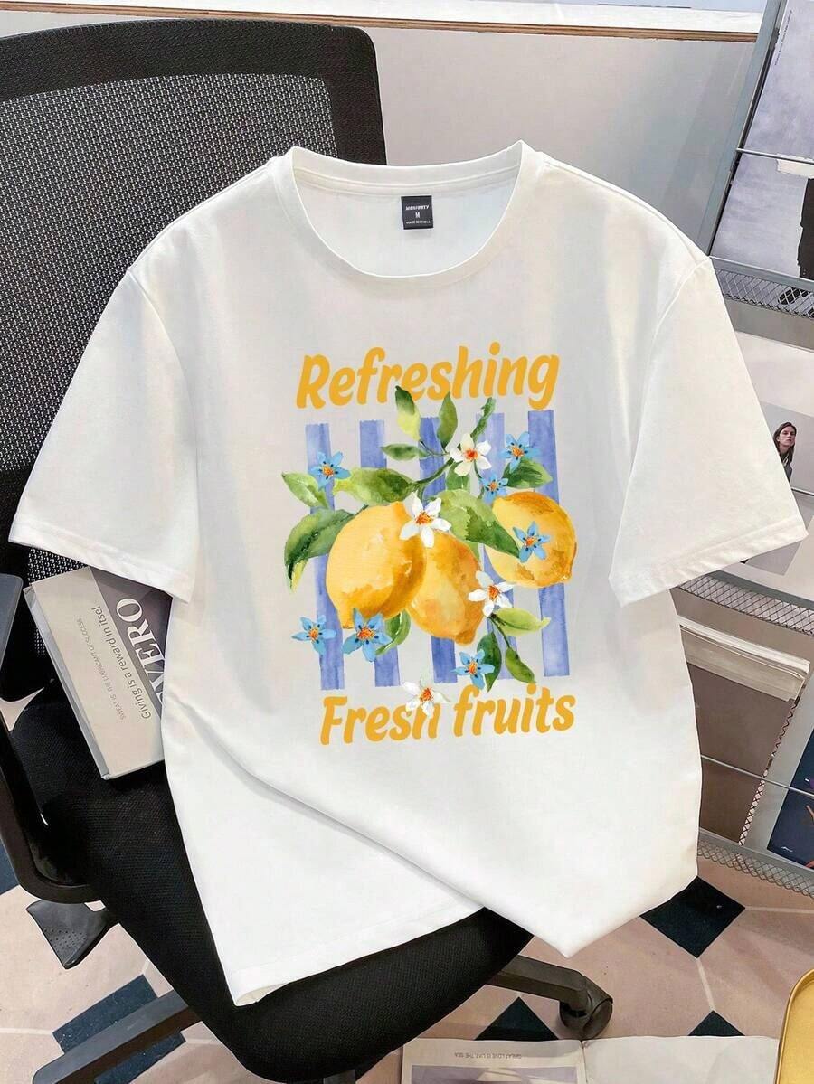 Summer Tops White Short Sleeve T-Shirt With Refreshing Lemon Oil Painting Print, Casual And Fashion Style (Fabric) Cotton T-Shirt, Summer Outfit - White - View 1