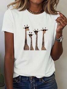 Soft 100% Cotton T-Shirt, Plus Size Women's Fashion Clothing, Short Sleeve T-Shirt With Giraffe And Eyelash Print For Casual Outfits, Women's Cheetah Print T-Shirts, Tops For Summer And Spring, Christmas, Versatile Everyday Items, Breathable Cotton T-Shirt, Matches Everything. - 白色 - 查看 1