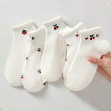 5/10 Pairs Women's Fresh Fruit Cherry Plum Pattern Ruffle Design Short Socks, Casual Sweet Style Daily Wear - White - View 9