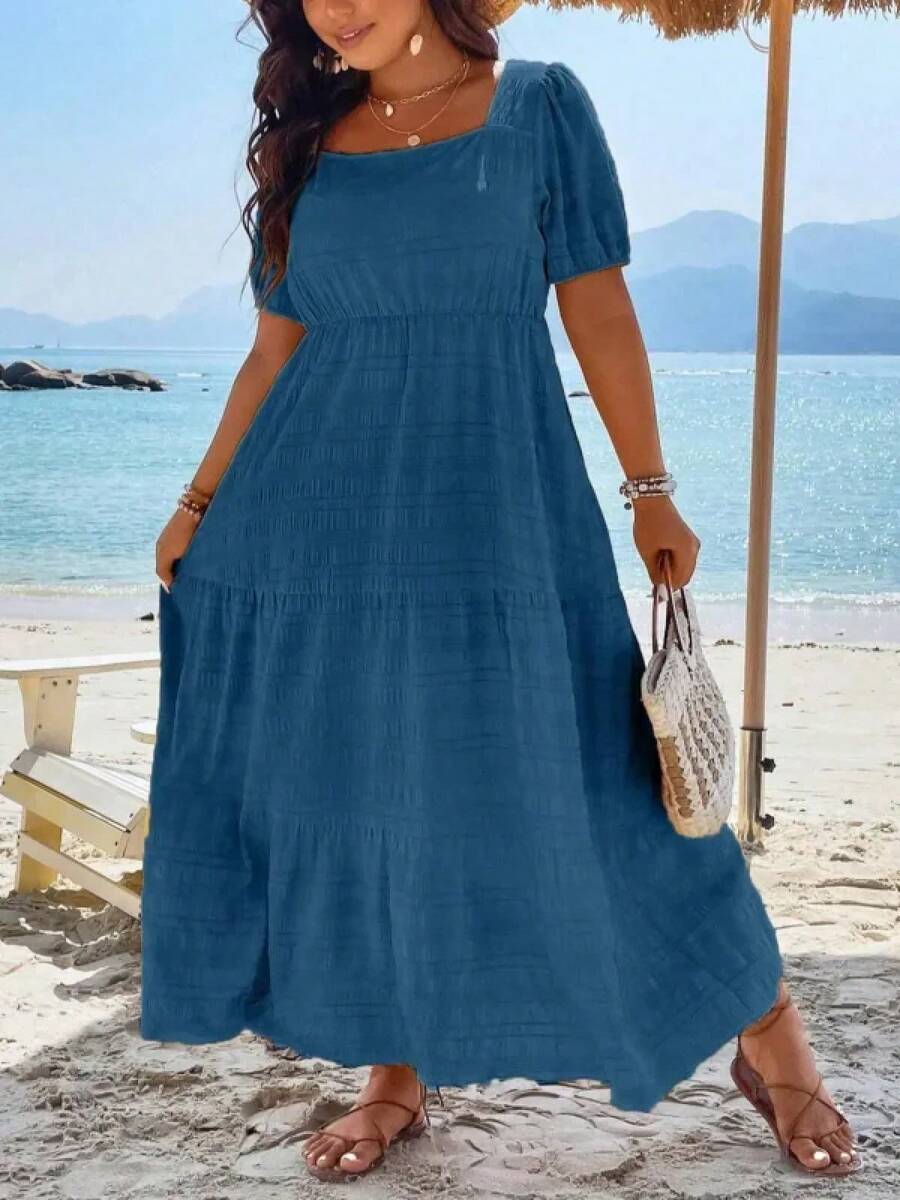 Vestido largo de talla grande 1XL-5XL para mujer, vestido de manga corta de Color sólido con cuello cuadrado a la moda, falda acampanada informal para mujer - Azul - Ver 1