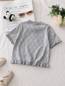 Kleine Mädchen Mode Strick Kurzarm Top, Schleifendesign, Lässiges Strick Kurzarm Top, vielseitig für den Alltag, Sommer - Grau - Übersicht 6