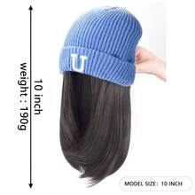 Mũ len co giãn màu xanh dương dành cho nữ, có tóc giả dài 35cm - Mũ mùa đông ấm áp và thời trang với tóc giả tích hợp - Chất liệu sợi tổng hợp - Nhiều màu - Xem 3