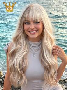 26 Inch Golden Highlight Linen Brown Two Tone Wavy Curly Hair Wig For Women With Light Bangs Fluffy Synthetic Heat Resistant Fiber Long Wig Natural Looking For Daily Party Use, Halloween - Two-Tone - View 6