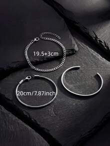 3pcs/Set Men's Stainless Steel Silver Bracelet Set, Minimalist Cuban Link, Snake Chain, Smooth Bangle Combination, High-End Versatile Non-Fading Niche Design Men's Accessory, Daily Commute Street Fashion Gift For Boyfriend - 3 Bracelets - View 5