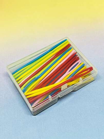 Kim khâu an toàn bằng nhựa nhiều màu sắc 7cm, 50 chiếc/hộp kèm hộp đựng, mỗi màu 10 chiếc: đỏ, hồng, vàng, xanh lá cây, xanh dương, thân thiện với người mới bắt đầu, thích hợp cho các dự án đan móc, thêu chữ thập, làm đồ thủ công bằng len, may vá dành cho học sinh.