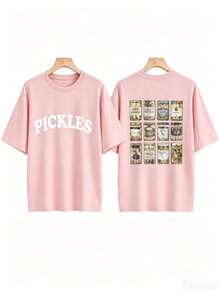 [Olive Green Sweatshirt] Soft Olive Green Crewneck Sweatshirt |     PICKLES Letter Print & Pickle Jar Graphic - Mid-Stretch Fabric, Machine Washable - 粉色 - 查看 5