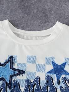 2 Stücke/Set 4-7 Jahre alte Jungen Sommer "MAMA'S BOY" Muster Kurzarm Top + Blau & Weiß karierter Stern Allover Muster Hose, modisches Outfit für kleine Jungen Outdoor-Tragen - Blau - Übersicht 4