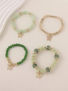 4pcs Bohemian Glass Beaded Flower Butterfly Charm Elastic Bracelet Set For Women (Butterfly Position Random) - Green - View 8