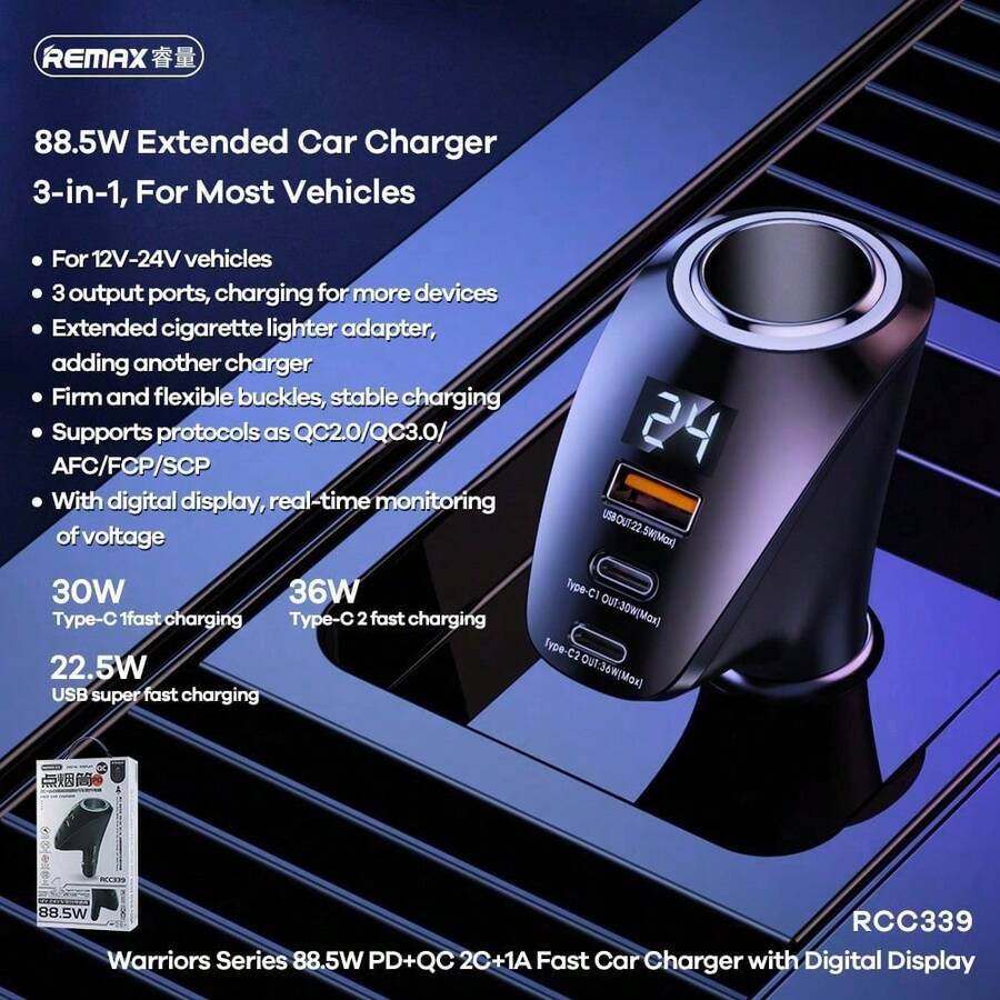 Charger Mobil REMAX Warrior Series RCC339 88.5W, Pengisian Cepat 3 Port dengan Tampilan Tegangan, Tegangan Lebar 12-24V, Cocok untuk Perjalanan Rumah dan Perjalanan Bisnis - Pengisi daya mobil - View 1