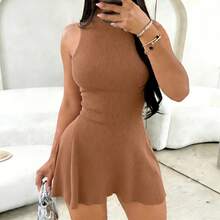 Vestido Mini Marrón sin Mangas para Mujer, Cuello Simulado, Vestido de Verano Acampanado Elástico de Punto Acanalado, Estilo Casual para Fiesta y Vacaciones - CAFETERÍA - Ver 1