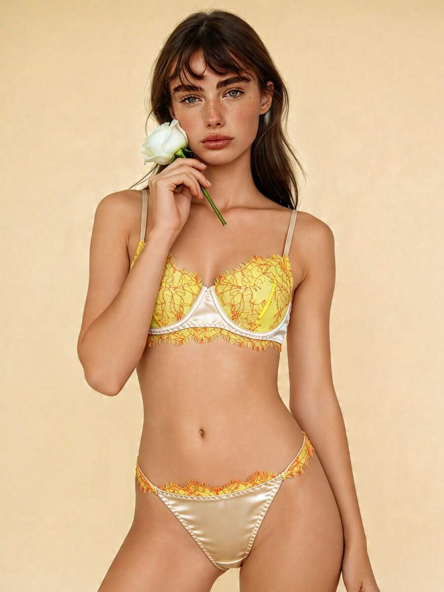 Bộ đồ lót ren mùa hè mới, bộ nội y gợi cảm sang trọng, chất liệu satin màu be nhạt phối ren lông mi màu cam tương phản, áo ngực nâng ngực có gọng 3/4 và quần lót cạp thấp, món quà lãng mạn ngày Valentine dành cho các cặp đôi. - Màu vàng - Xem 1