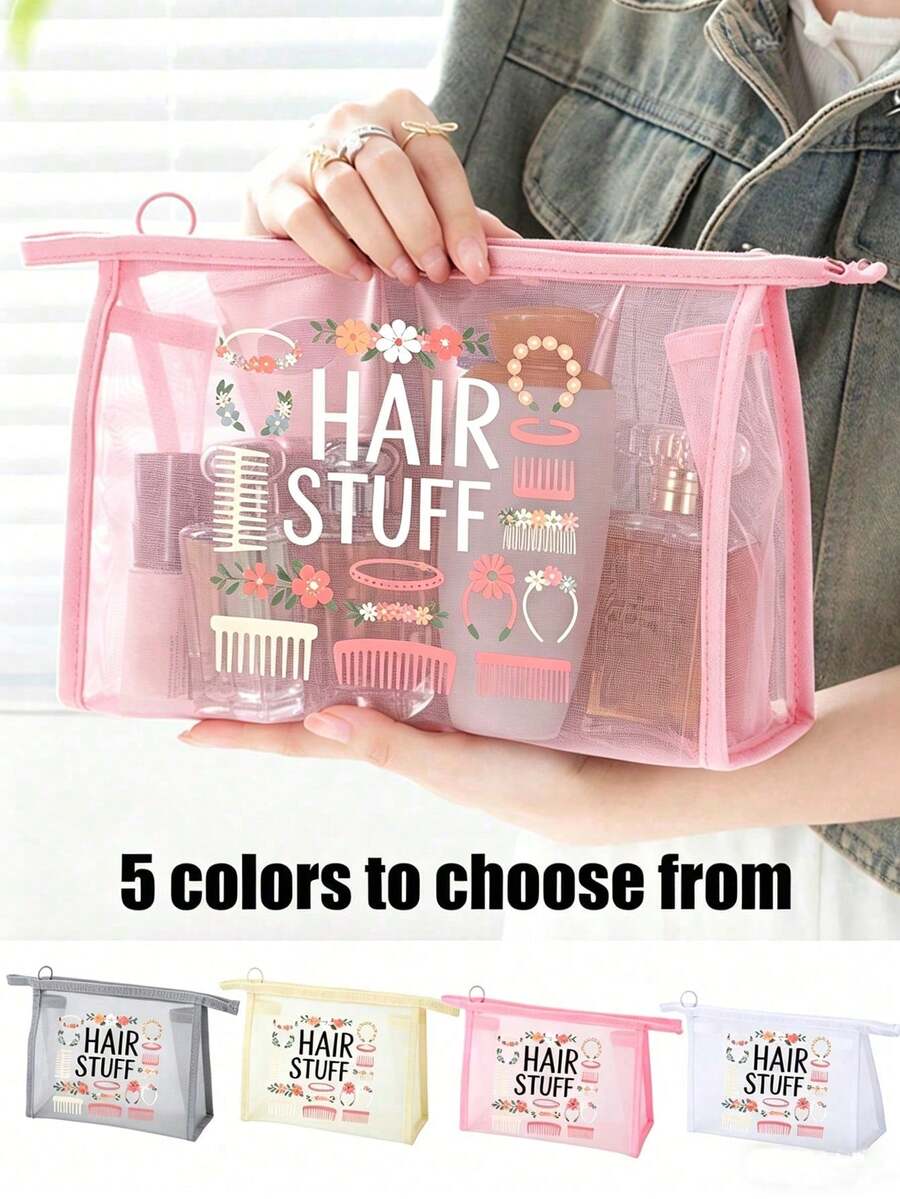 Mesh Cosmetic Bag With Hair Accessory Pattern, Multifunctional Cosmetic Pouch, For Clips, Headbands,Red Air Cushion Storage Portable Storage Bag, Makeup Bag, Skincare Bag, Travel Essentials, Dormitory Supplies, Bathroom Storage, Jewelry Storage, Lip Oil And Cosmetics Storage Bag School Supplies Pouch ,Make Up Bag Holiday Essentials, Makeup Storage,Wedding Bride Gifts, Mother Gifts, Birthday Gifts, Gifts For Friends And Teachers - Multicolor - View 1