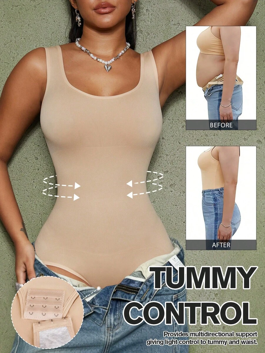 1pc Women Waist Trainer Bodysuit, Seamless Shapewear Jumpsuit For Body Shaping, MOVWIN - Apricot - View 1
