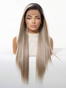 24 Inch 13*6 Ombre Blonde Long Straight Synthetic Lace Front Wig, High Temperature Resistant Fiber, Natural Hairline, Glueless, Suitable For Daily, Office, School, Date, Birthday, Halloween, Christmas, Thanksgiving, Music Festival, Y2K Aesthetic, Gift For Girlfriend, Sister, Mom, Fashion Wig - Blonde Ombre - View 6