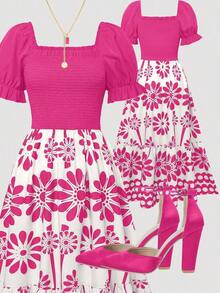 Women's Bright Floral Print Waist Splice Vacation Dress, Summer Elegant - Multicolor 4 - Ver 11