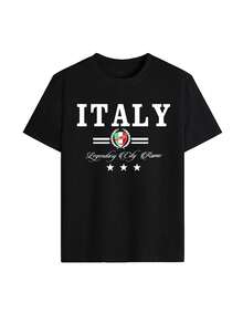 Italien Rom Stadt Grafik T-Shirt, klassischer Campus Stil Muster T-Shirt, italienische Flagge Lässig Kurzarm, Reise Lässig Oberteil - Schwarz - Übersicht 4