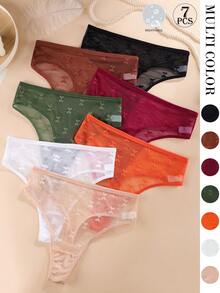 Aofeiqike 7pcs Heart Mesh Mid-Waist Sexy Transparent Breathable Women's Panties - Multicolor - View 13