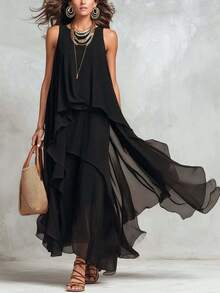 Women's Chiffon Layered Wide Leg Jumpsuit, Sleeveless Flowy Asymmetrical Overlay Jumpsuit, Elegant High Low Hem Formal Jumpsuit, Casual Bohemian Chiffon Overlay Jumpsuit, Evening Party Sheer Layered Palazzo Jumpsuit - màu đen - Xem 1