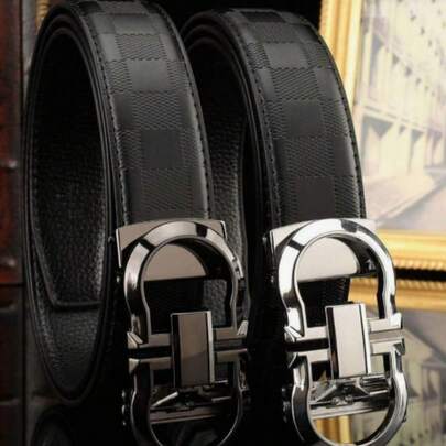 Men's Automatic Buckle Belt, Korean Fashion Casual Middle-Aged And Young Business Plaid Leather Belt