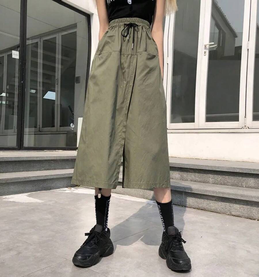 Pantalones de Pierna Ancha de Cintura Alta Estilo Coreano, Novedad Primavera-Verano, Pantalones Casuales de Moda Ulzzang para... - Verde militar - Ver 1