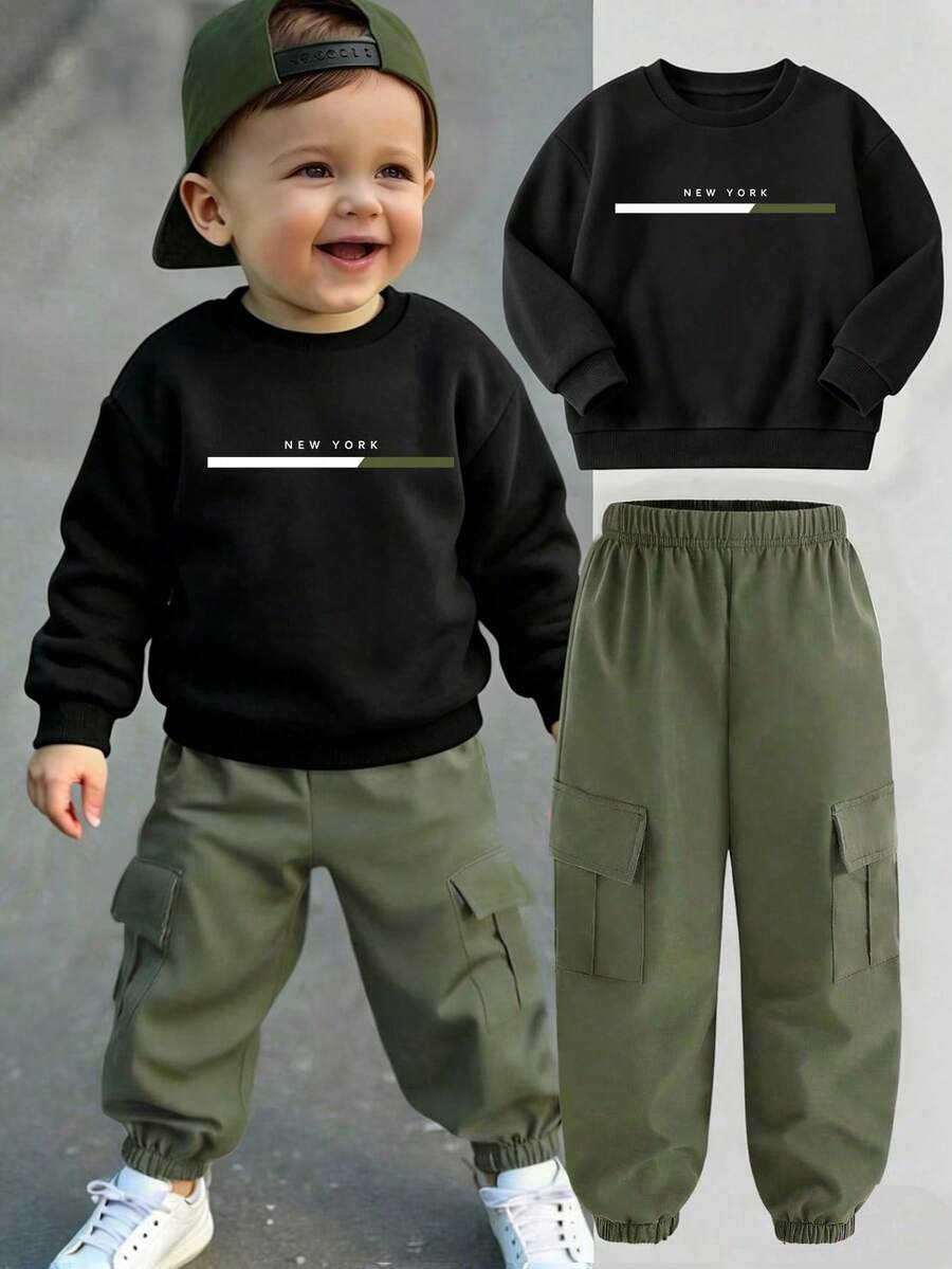 Set Baju Atasan Lengan Panjang dan Celana Motif Huruf untuk Bayi Laki-laki - Hitam - View 1