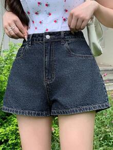 Shorts vaqueros casuales de verano tipo A-line para mujer, shorts vaqueros sexy y elegantes - Azul lavado oscuro - Ver 7