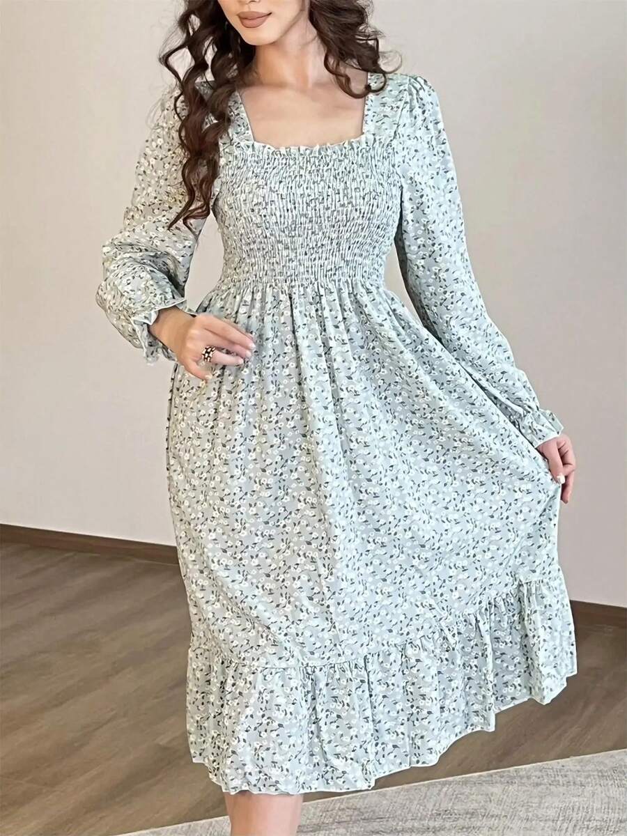 Vestido informal de manga larga para mujer, Vestidos de gasa para otoño y primavera, corte en A, estampado Floral, elástico en el pecho, con cordones, por debajo de la rodilla - huisexiaosuihua - Ver 1