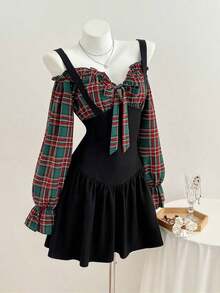 Vestido casual de otoño con estampado tartán, hombros descubiertos y tirantes anchos, perfecto para look diario y salidas con amigas - Rojo y negro - Ver 10
