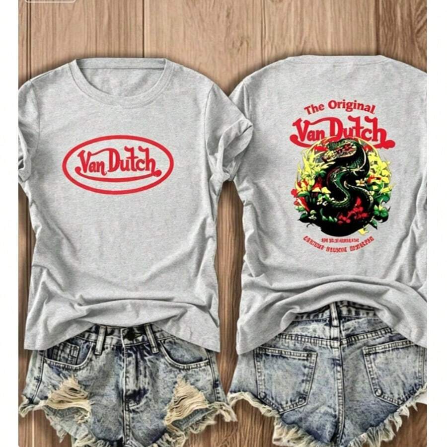 100% Pure Cotton 2026 New  Summer Clothing Women's Top Millennium Elegant Women's Wear Double-Side 1pcs Women's Red Von Ditch Dragon Floral Design Red And Green Print Fabric Soft & Skin-Friendly Unisex Style Gifts For Spring Festival, Valentine's Day, St. Patrick's Day & World Cup-Van Dutch Dragon Print Women T Shirt Classic American Style Graphic Summer Tops, Top-Selling Women's Spring Outfits, Summer Women's Beach Shirts, Fashion - Xám - Xem 1