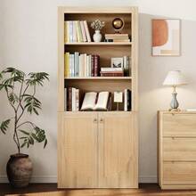 70.9" Tall Bookshelf, 5-Tier Rattan Bookcase With Storage Cabinet, Large Mid-Century Bookshelves And Bookcases With Doors, Boho Furniture For Books, Decor, Living Room, Bedroom, Kitchen - Màu gỗ quả - Xem 2