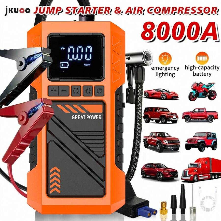 Máy nén khí di động 150PSI, có đồng hồ đo áp suất kỹ thuật số, đèn LED và pin lithium sạc USB - Thiết kế không dây, thích hợp cho xe đạp, xe máy, bóng thể thao, bộ khởi động khẩn cấp ô tô, bộ khởi động ô tô 8000A tích hợp máy nén khí cho bình xăng lên đến 9,99L hoặc 9,01L, bao gồm nhiều đầu nối, máy bơm và khởi động đa năng ngoài trời, bảo vệ an toàn, cấu trúc bền bỉ, dụng cụ khởi động và sửa chữa di động.