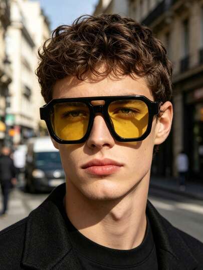 1 PC Men's Classic Aviator Fashion Glasses Double Beam Design Lightweight Polycarbonate Frame Casual Style Suitable For Daily Commute Driving With Glasses Box