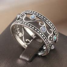 Anillo de cobre hueco vintage, anillo de banda ancha con turquesa sintética de estilo bohemio para mujer - Plateado - Ver 5
