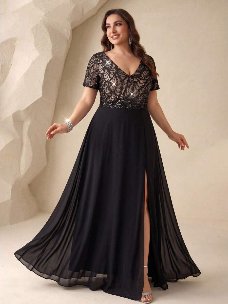 UNITHORSE [Random Cut] Women's Elegant V-Neck Short Sleeve Sequin Patchwork Chiffon Cocktail Party High Slit Dress - Black - View 1