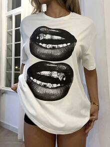 1 pieza 356T Camiseta de manga corta con cuello redondo, estilo casual minimalista, estampado de labios en blanco y negro, corte holgado para mujer, mezcla de algodón, verano, 180g, 100% algodón. - Blanco - Ver 5