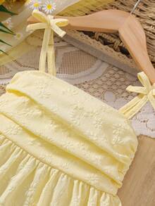 1pc Girl's Summer Yellow Jacquard Cami Dress, Bow Strap, Layered Ruffle, Casual Sweet Daily Dress For Children - Yellow - View 3