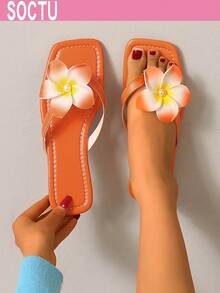 SOCTU Dép xỏ ngón nữ họa tiết hoa, mũi vuông, đế bằng, thích hợp đi biển vào mùa hè. - trái cam - Xem 5