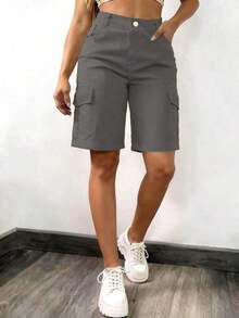 Pantalones cargo de cintura media, holgados, casuales y elegantes para mujer, con múltiples bolsillos, adecuados para la calle, la playa, vacaciones, uso diario, viajes, regreso a clases, graduación, presentaciones en el escenario, fiestas de baile, fiestas de cumpleaños, deportes y fitness, primavera/verano. - Gris - Ver 3