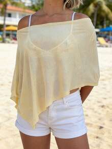 LUNA Capa de punto para mujer con hombros descubiertos y bajo irregular, ideal para usar en capas o para vacaciones en la playa. - Amarillo - Ver 3