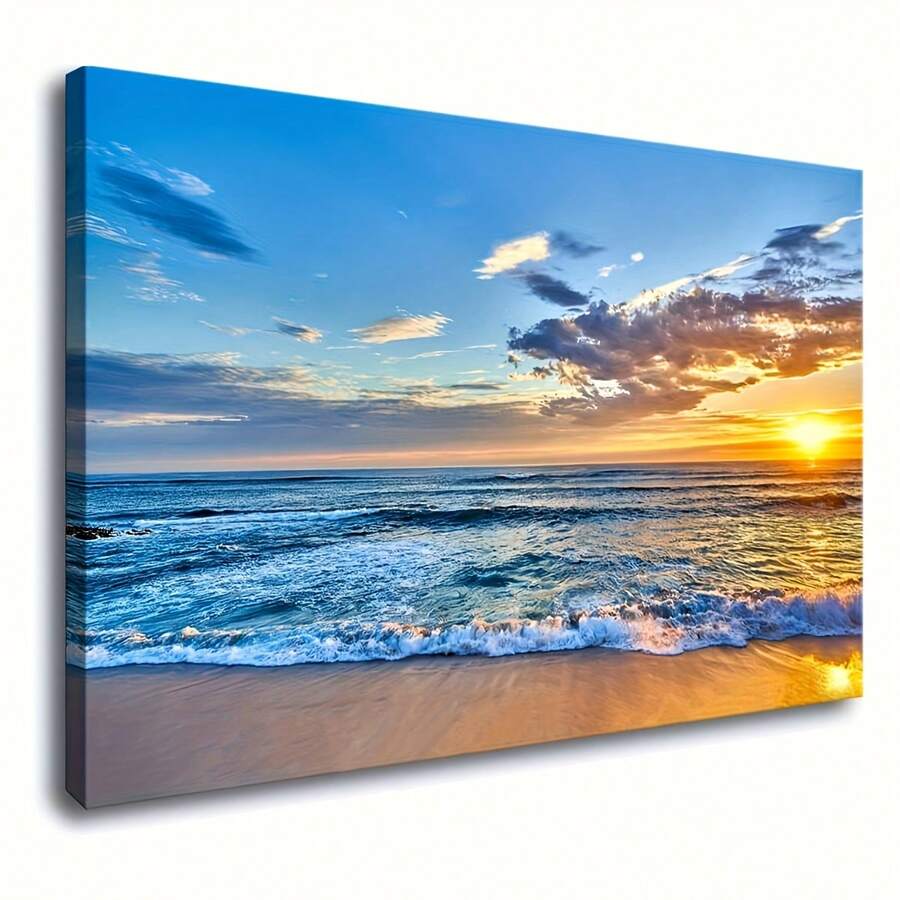 Tranh in trên vải canvas 2D (có khung), tranh phong cảnh biển hoàng hôn, bãi biển xanh, thích hợp cho phòng khách, phòng ngủ, nhà bếp, văn phòng, sẵn sàng để treo. - A - Xem 1